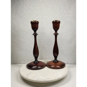 Vintage Wood Taper Candle Holders Set 13.5" Tall Brown Brass Insert Colonial